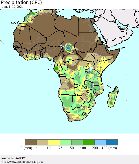 Africa Precipitation (CPC) Thematic Map For 1/4/2021 - 1/10/2021