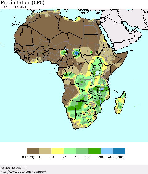 Africa Precipitation (CPC) Thematic Map For 1/11/2021 - 1/17/2021