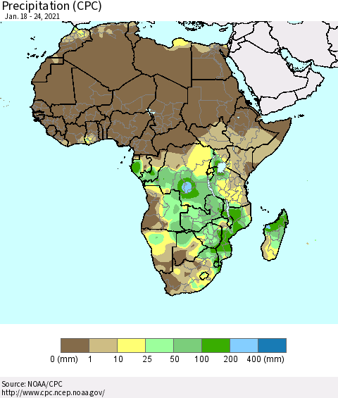 Africa Precipitation (CPC) Thematic Map For 1/18/2021 - 1/24/2021
