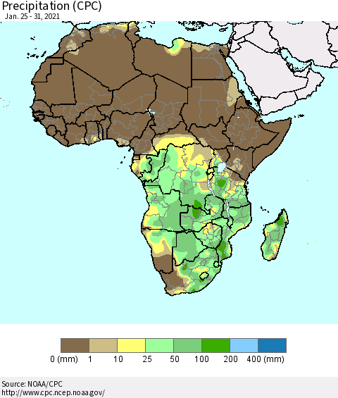 Africa Precipitation (CPC) Thematic Map For 1/25/2021 - 1/31/2021