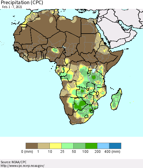 Africa Precipitation (CPC) Thematic Map For 2/1/2021 - 2/7/2021