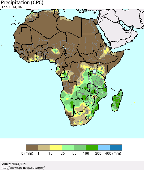 Africa Precipitation (CPC) Thematic Map For 2/8/2021 - 2/14/2021