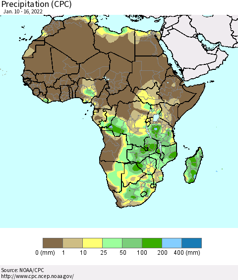 Africa Precipitation (CPC) Thematic Map For 1/10/2022 - 1/16/2022