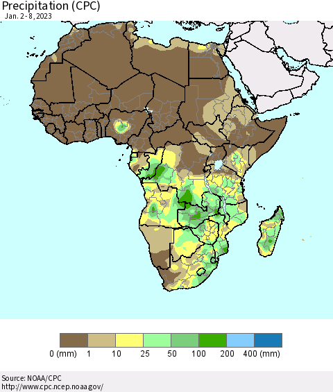 Africa Precipitation (CPC) Thematic Map For 1/2/2023 - 1/8/2023