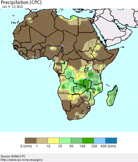 Africa Precipitation (CPC) Thematic Map For 1/9/2023 - 1/15/2023