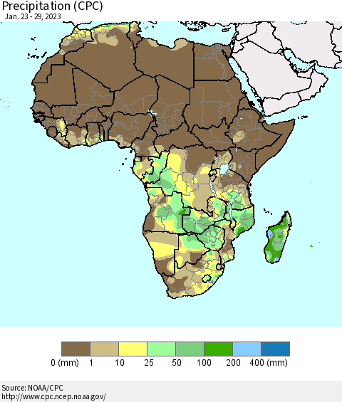 Africa Precipitation (CPC) Thematic Map For 1/23/2023 - 1/29/2023