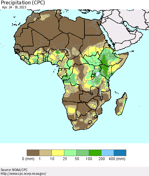 Africa Precipitation (CPC) Thematic Map For 4/24/2023 - 4/30/2023