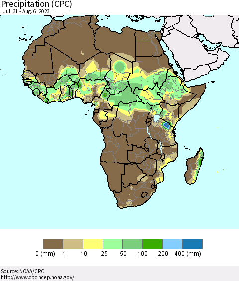 Africa Precipitation (CPC) Thematic Map For 7/31/2023 - 8/6/2023