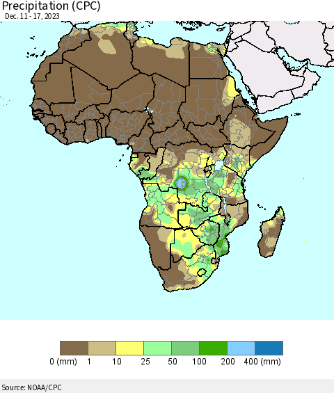 Africa Precipitation (CPC) Thematic Map For 12/11/2023 - 12/17/2023