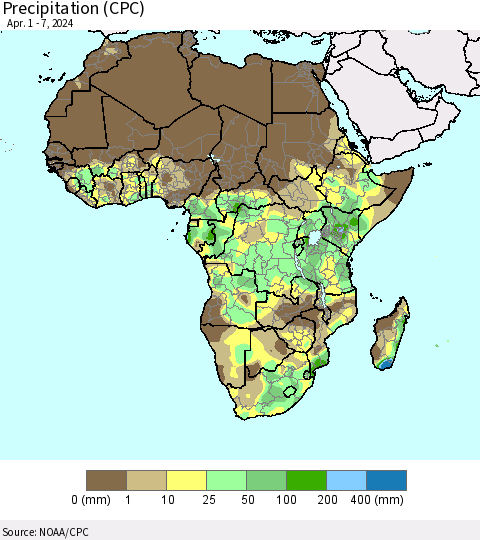 Africa Precipitation (CPC) Thematic Map For 4/1/2024 - 4/7/2024