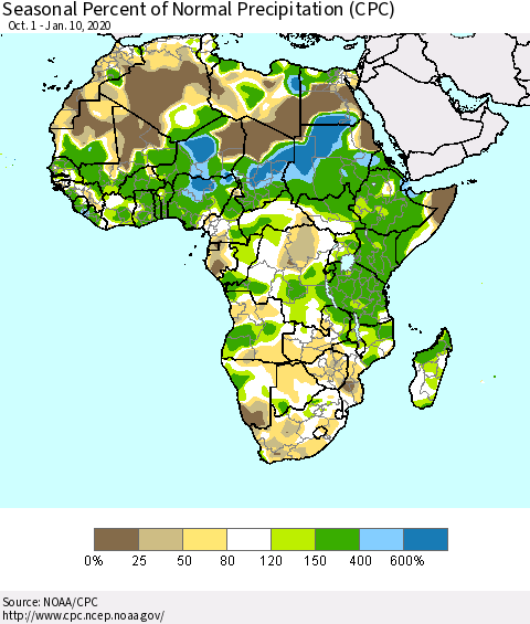 Africa Seasonal Percent of Normal Precipitation (CPC) Thematic Map For 10/1/2019 - 1/10/2020