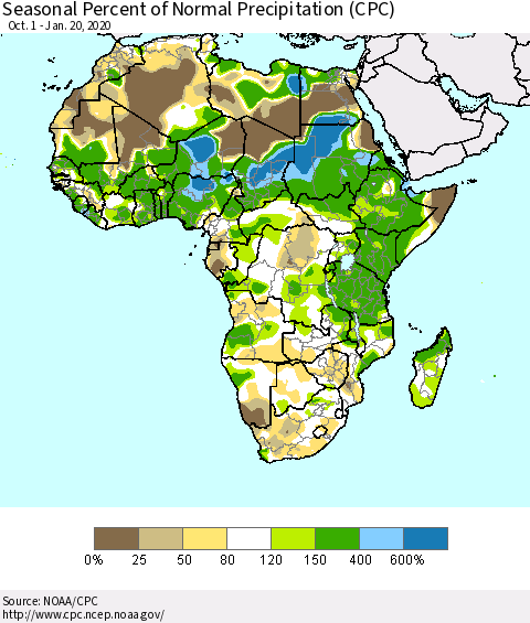Africa Seasonal Percent of Normal Precipitation (CPC) Thematic Map For 10/1/2019 - 1/20/2020