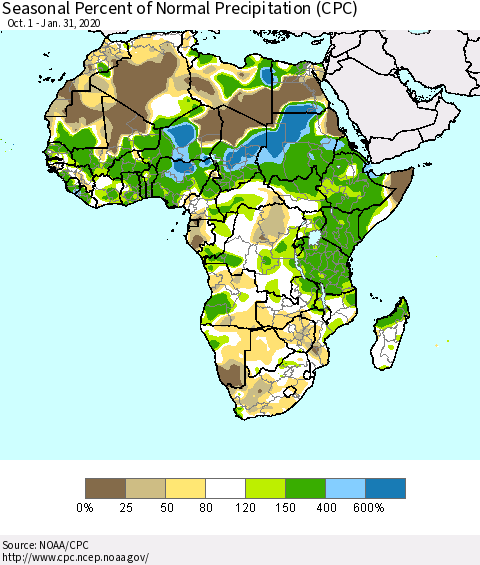 Africa Seasonal Percent of Normal Precipitation (CPC) Thematic Map For 10/1/2019 - 1/31/2020