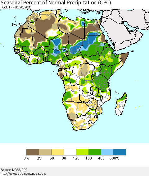 Africa Seasonal Percent of Normal Precipitation (CPC) Thematic Map For 10/1/2019 - 2/20/2020