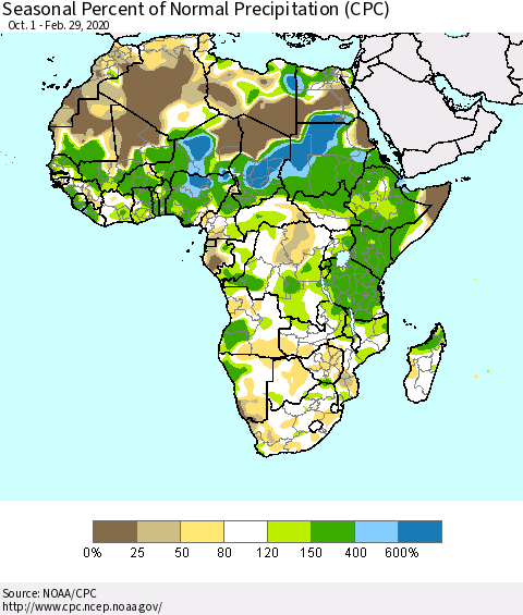 Africa Seasonal Percent of Normal Precipitation (CPC) Thematic Map For 10/1/2019 - 2/29/2020