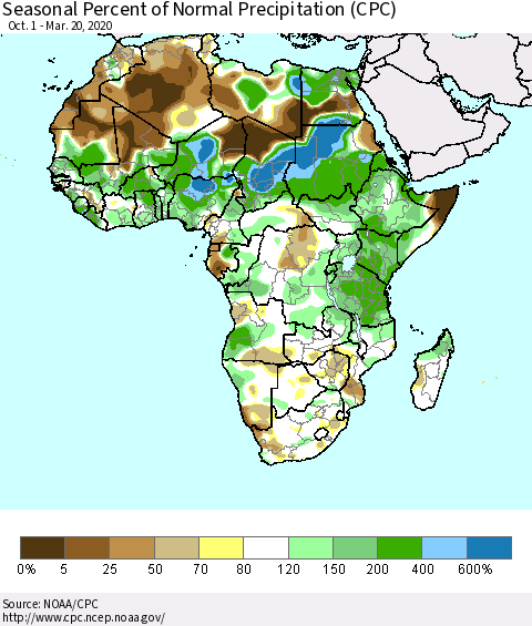 Africa Seasonal Percent of Normal Precipitation (CPC) Thematic Map For 10/1/2019 - 3/20/2020