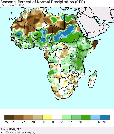 Africa Seasonal Percent of Normal Precipitation (CPC) Thematic Map For 10/1/2019 - 3/31/2020