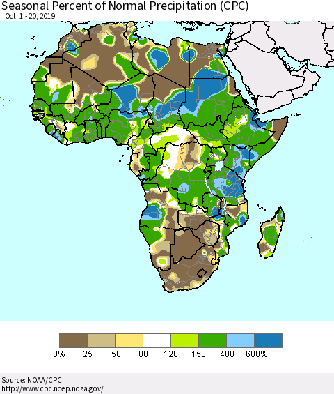 Africa Seasonal Percent of Normal Precipitation (CPC) Thematic Map For 10/1/2019 - 10/20/2019