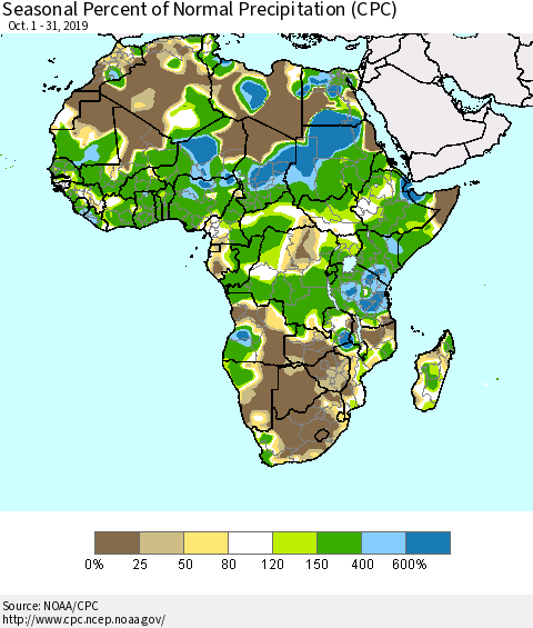 Africa Seasonal Percent of Normal Precipitation (CPC) Thematic Map For 10/1/2019 - 10/31/2019