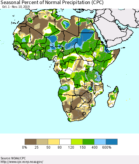 Africa Seasonal Percent of Normal Precipitation (CPC) Thematic Map For 10/1/2019 - 11/10/2019
