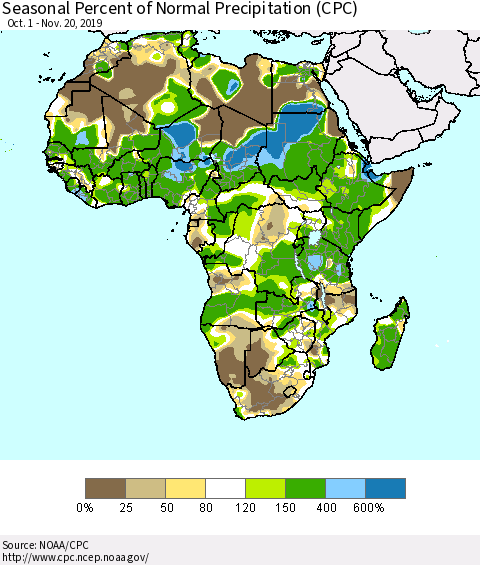 Africa Seasonal Percent of Normal Precipitation (CPC) Thematic Map For 10/1/2019 - 11/20/2019