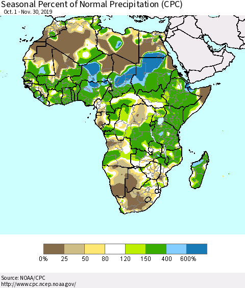 Africa Seasonal Percent of Normal Precipitation (CPC) Thematic Map For 10/1/2019 - 11/30/2019