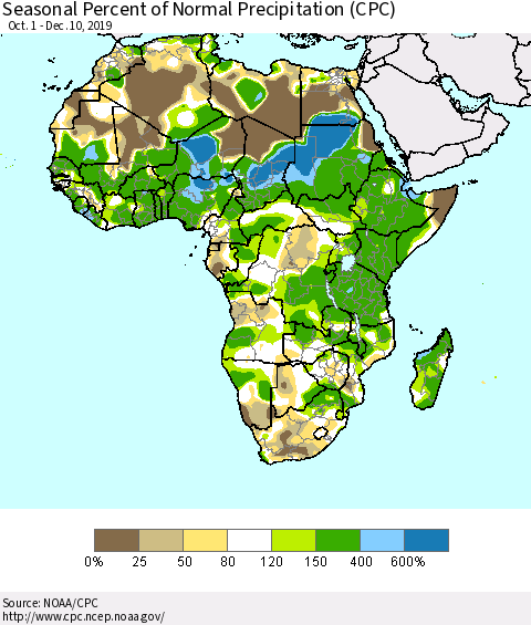 Africa Seasonal Percent of Normal Precipitation (CPC) Thematic Map For 10/1/2019 - 12/10/2019