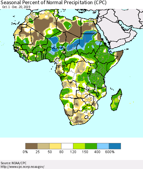Africa Seasonal Percent of Normal Precipitation (CPC) Thematic Map For 10/1/2019 - 12/20/2019