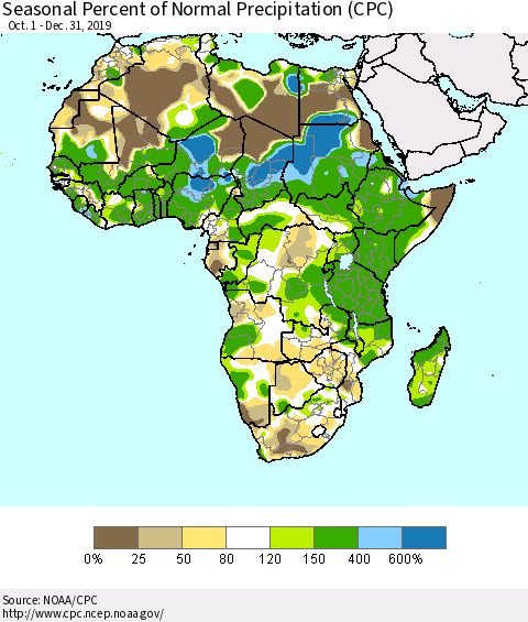 Africa Seasonal Percent of Normal Precipitation (CPC) Thematic Map For 10/1/2019 - 12/31/2019