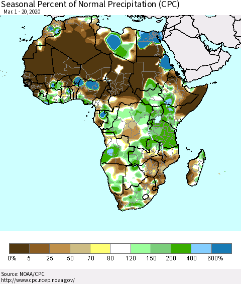 Africa Seasonal Percent of Normal Precipitation (CPC) Thematic Map For 3/1/2020 - 3/20/2020