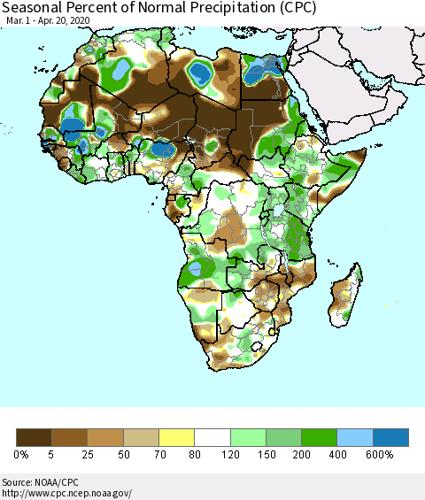 Africa Seasonal Percent of Normal Precipitation (CPC) Thematic Map For 3/1/2020 - 4/20/2020