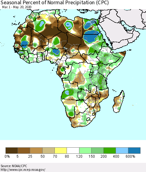Africa Seasonal Percent of Normal Precipitation (CPC) Thematic Map For 3/1/2020 - 5/20/2020