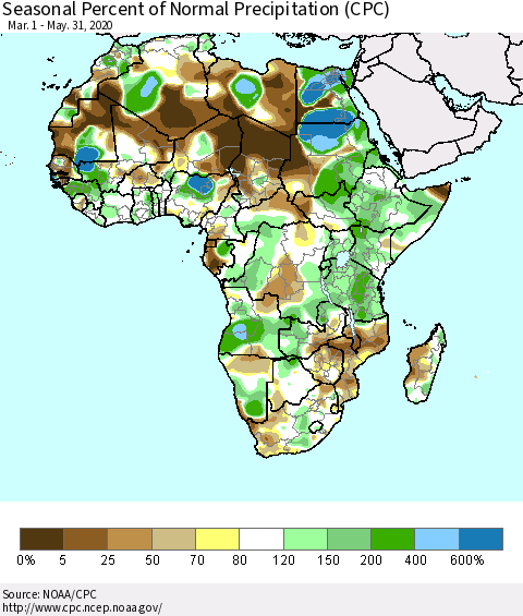 Africa Seasonal Percent of Normal Precipitation (CPC) Thematic Map For 3/1/2020 - 5/31/2020