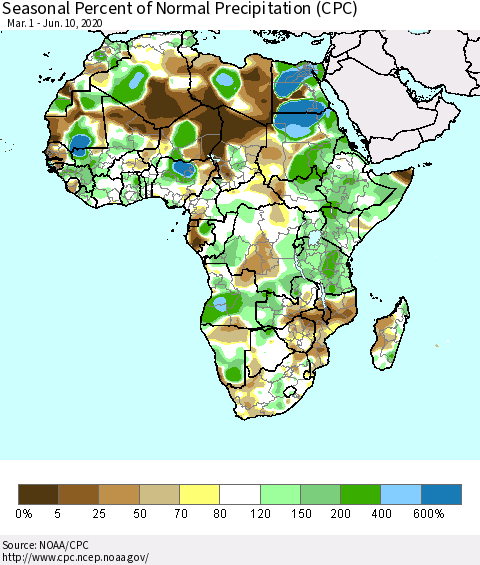 Africa Seasonal Percent of Normal Precipitation (CPC) Thematic Map For 3/1/2020 - 6/10/2020