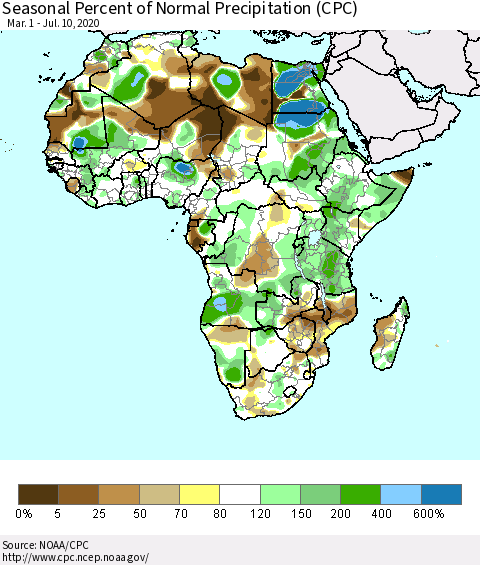 Africa Seasonal Percent of Normal Precipitation (CPC) Thematic Map For 3/1/2020 - 7/10/2020