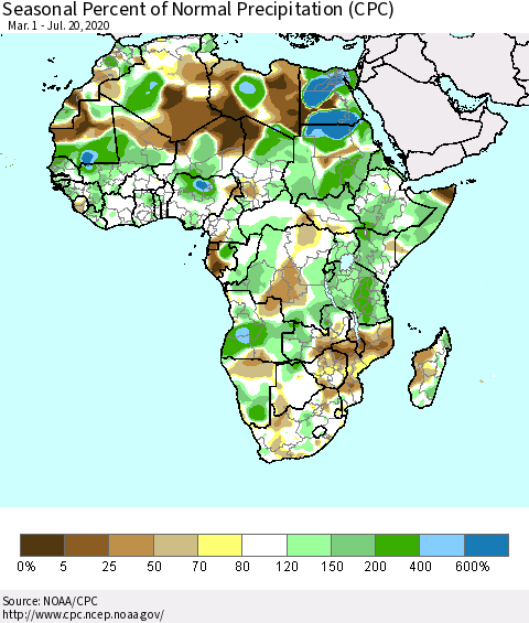 Africa Seasonal Percent of Normal Precipitation (CPC) Thematic Map For 3/1/2020 - 7/20/2020