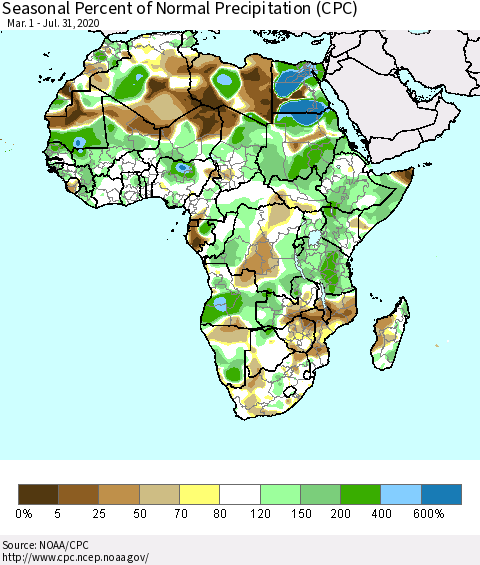 Africa Seasonal Percent of Normal Precipitation (CPC) Thematic Map For 3/1/2020 - 7/31/2020