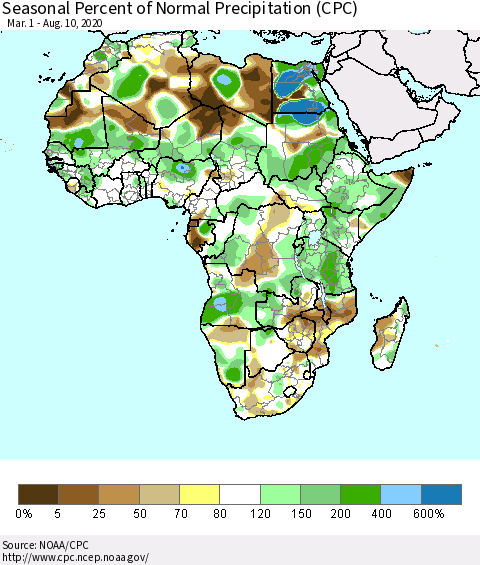 Africa Seasonal Percent of Normal Precipitation (CPC) Thematic Map For 3/1/2020 - 8/10/2020