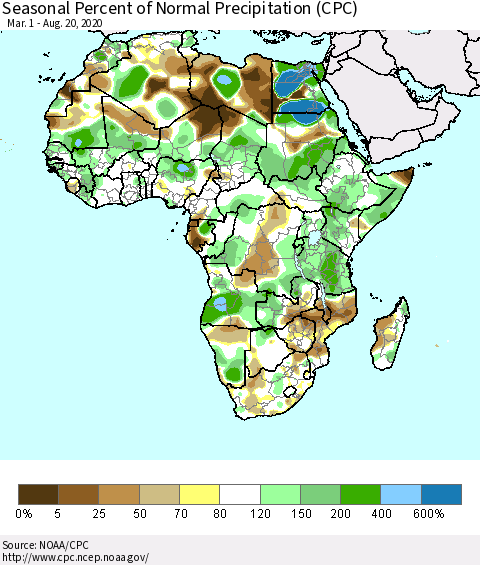 Africa Seasonal Percent of Normal Precipitation (CPC) Thematic Map For 3/1/2020 - 8/20/2020