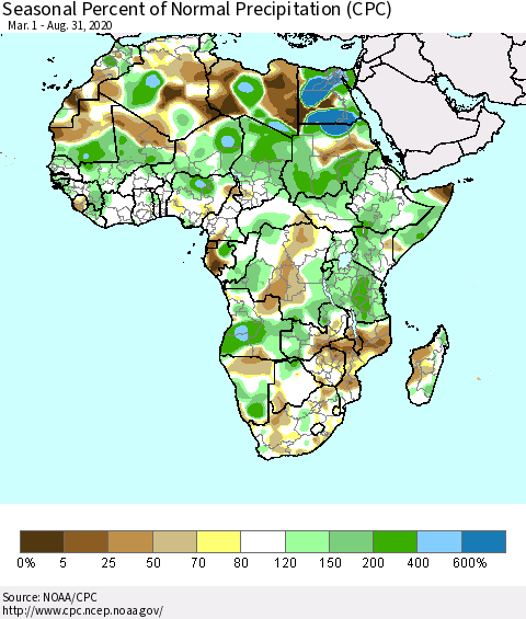 Africa Seasonal Percent of Normal Precipitation (CPC) Thematic Map For 3/1/2020 - 8/31/2020