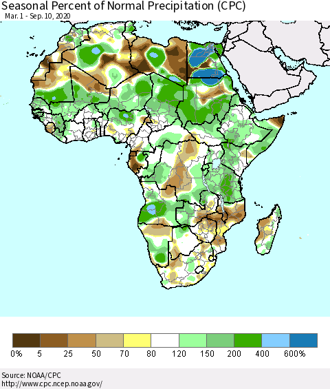 Africa Seasonal Percent of Normal Precipitation (CPC) Thematic Map For 3/1/2020 - 9/10/2020