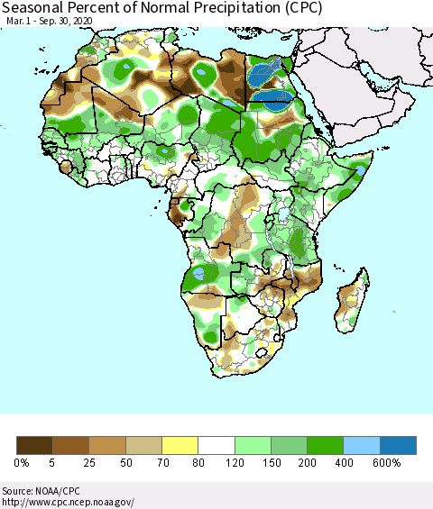Africa Seasonal Percent of Normal Precipitation (CPC) Thematic Map For 3/1/2020 - 9/30/2020