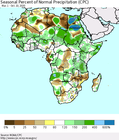 Africa Seasonal Percent of Normal Precipitation (CPC) Thematic Map For 3/1/2020 - 10/10/2020
