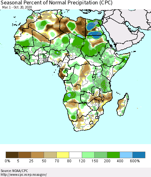 Africa Seasonal Percent of Normal Precipitation (CPC) Thematic Map For 3/1/2020 - 10/20/2020