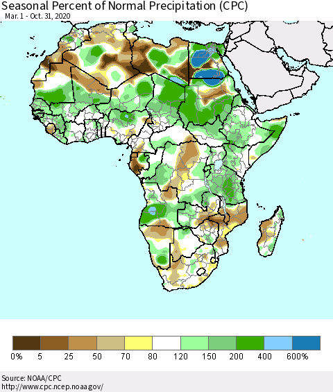 Africa Seasonal Percent of Normal Precipitation (CPC) Thematic Map For 3/1/2020 - 10/31/2020
