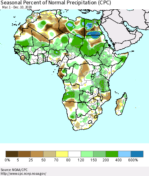 Africa Seasonal Percent of Normal Precipitation (CPC) Thematic Map For 3/1/2020 - 12/10/2020