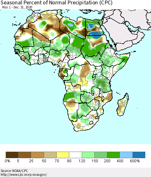 Africa Seasonal Percent of Normal Precipitation (CPC) Thematic Map For 3/1/2020 - 12/31/2020