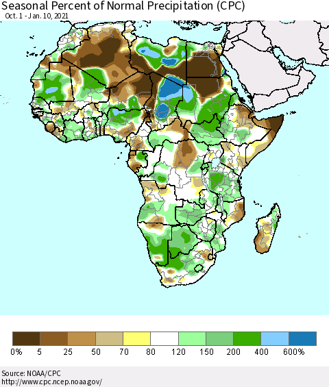 Africa Seasonal Percent of Normal Precipitation (CPC) Thematic Map For 10/1/2020 - 1/10/2021
