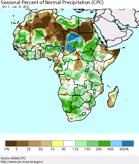 Africa Seasonal Percent of Normal Precipitation (CPC) Thematic Map For 10/1/2020 - 1/31/2021