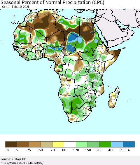 Africa Seasonal Percent of Normal Precipitation (CPC) Thematic Map For 10/1/2020 - 2/10/2021